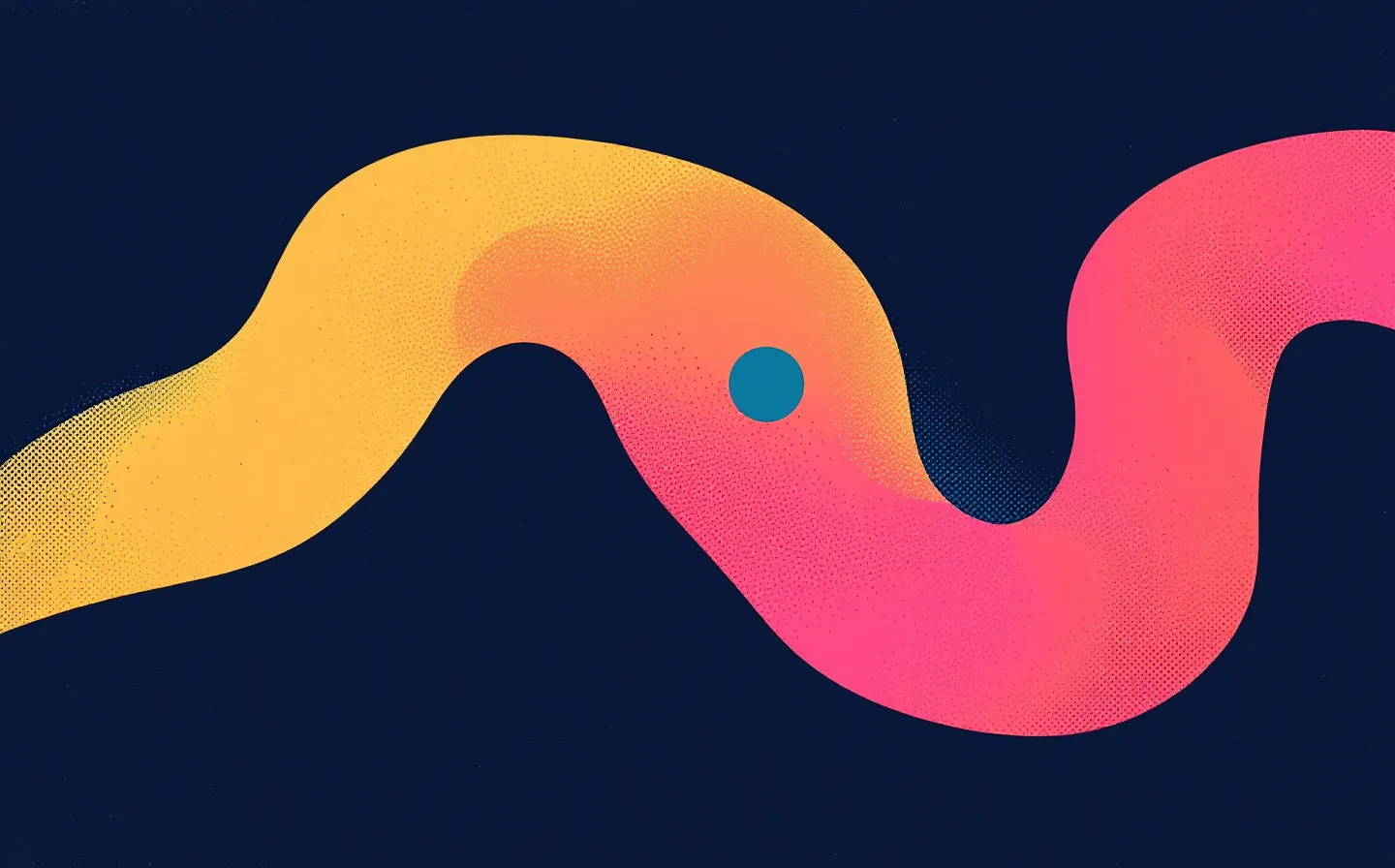 A risograph print of two overlapping peptide-chain shapes in hot-pink and golden-yellow with a coral overlap and a teal node at the overlap, on a deep ink ground